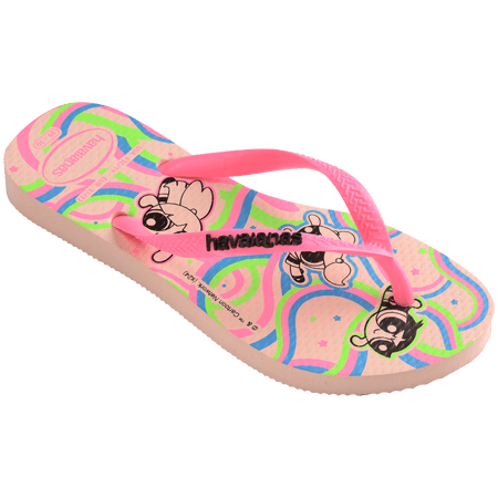 Powerpuff Girls flying on a neon green, blue, and pink background sole of flip flops, with pink straps with black Havaianas logo, front right view