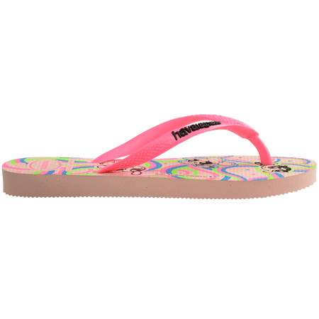 Powerpuff Girls flying on a neon green, blue, and pink background sole of flip flops, with pink straps with black Havaianas logo, side view