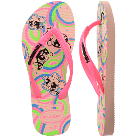 Powerpuff Girls flying on a neon green, blue, and pink background sole of flip flops, with pink straps with black Havaianas logo, one flip flop top view, one flip flop side view