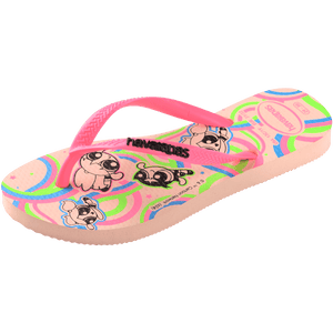 Powerpuff Girls flying on a neon green, blue, and pink background sole of flip flops, with pink straps with black Havaianas logo, front left view