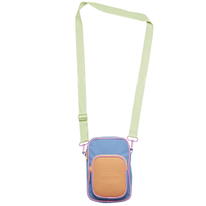 lilac crossbody bag with pink trim, orange front pocket, and light green strap, front view