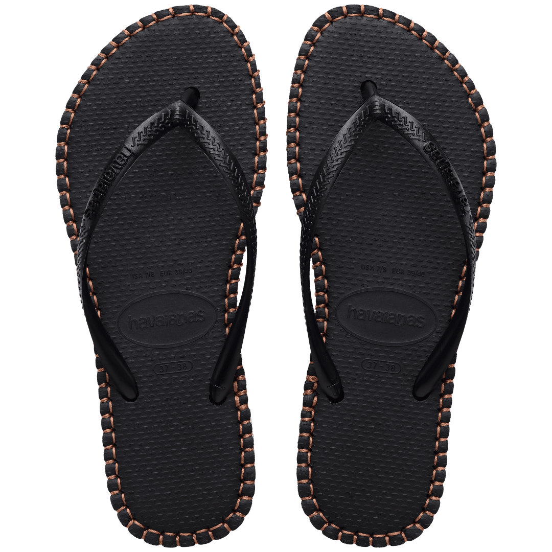 black flip flops with brown stitching, a brown midlayer between the sole and bottom of flip flop, and black straps, top view