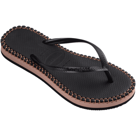 black flip flops with brown stitching, a brown midlayer between the sole and bottom of flip flop, and black straps, front right view