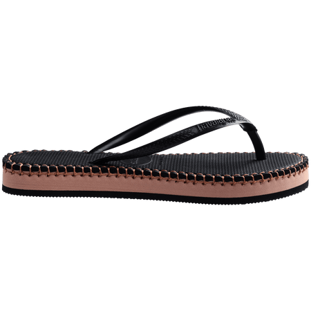 black flip flops with brown stitching, a brown midlayer between the sole and bottom of flip flop, and black straps, side view