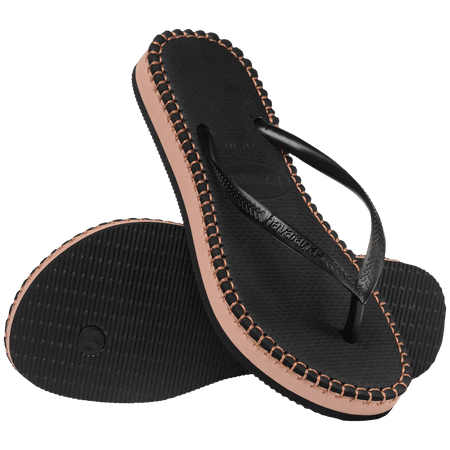 black flip flops with brown stitching, a brown midlayer between the sole and bottom of flip flop, and black straps, one sandal leaning on the other sandal, toe side down