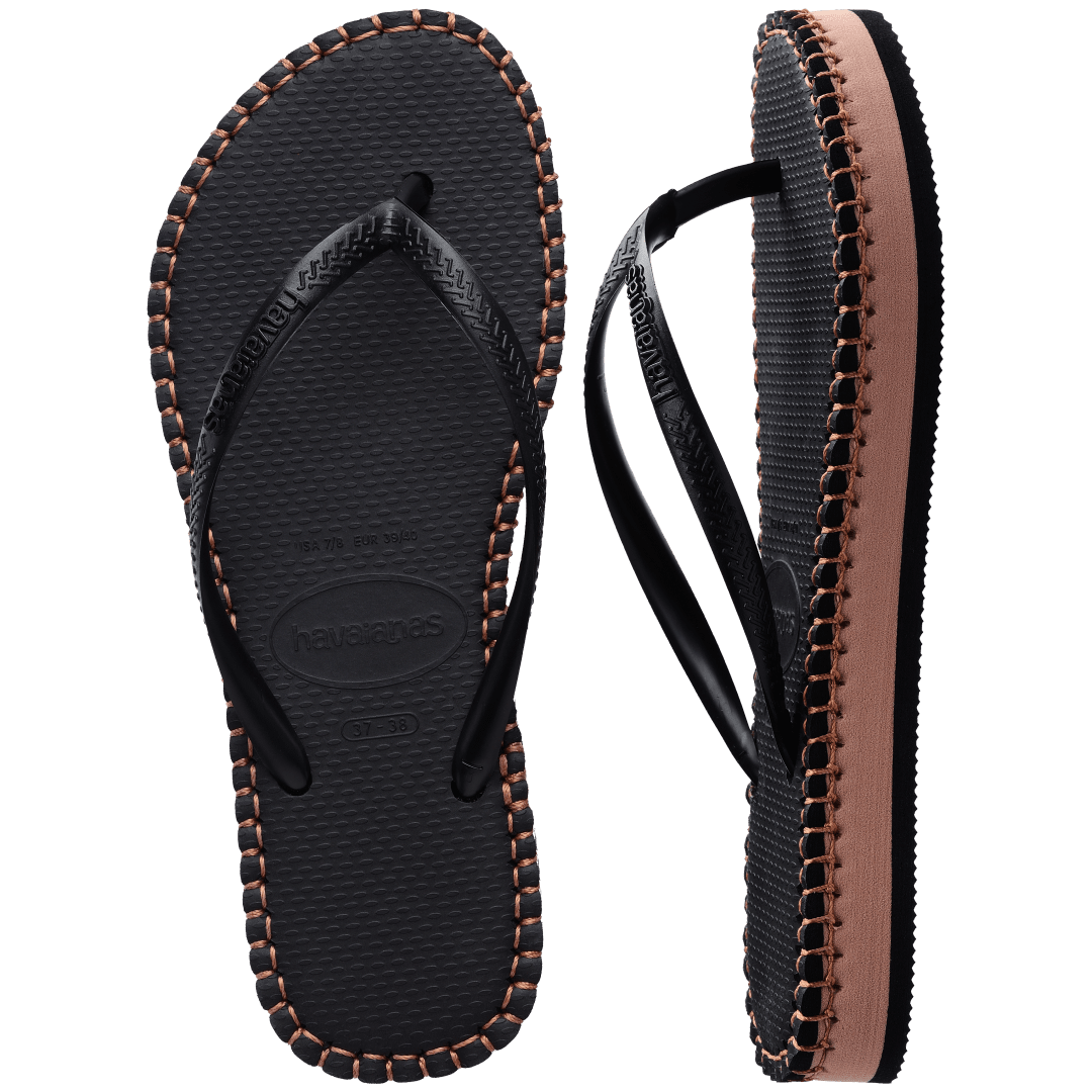 black flip flops with brown stitching, a brown midlayer between the sole and bottom of flip flop, and black straps, one sandal top view, one sandal side view