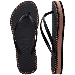 black flip flops with brown stitching, a brown midlayer between the sole and bottom of flip flop, and black straps, one sandal top view, one sandal side view