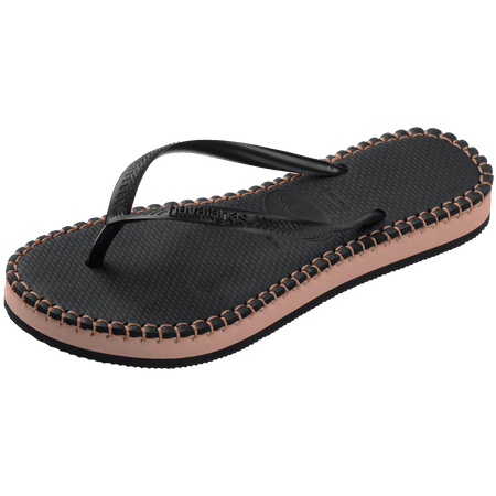 black flip flops with brown stitching, a brown midlayer between the sole and bottom of flip flop, and black straps, front left view