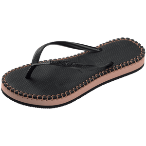 black flip flops with brown stitching, a brown midlayer between the sole and bottom of flip flop, and black straps, front left view