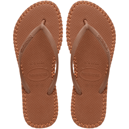 brown flip flops with orange stitching around the sole, and orange midlayer between the sole and bottom of shoe, top view