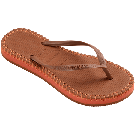 brown flip flops with orange stitching around the sole, and orange midlayer between the sole and bottom of shoe, top right view