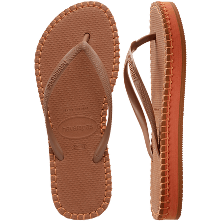 brown flip flops with orange stitching around the sole, and orange midlayer between the sole and bottom of shoe, one sandal top view and one sandal side view