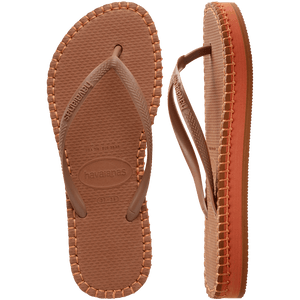 brown flip flops with orange stitching around the sole, and orange midlayer between the sole and bottom of shoe, one sandal top view and one sandal side view