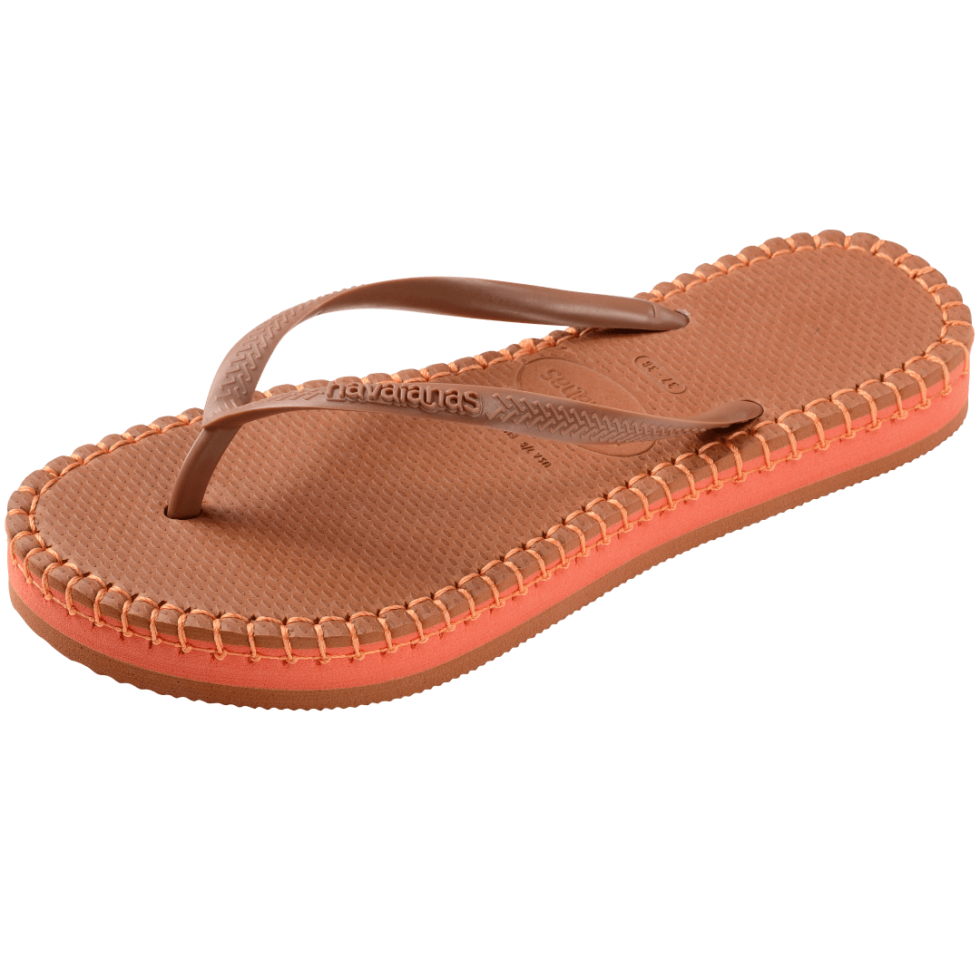 brown flip flops with orange stitching around the sole, and orange midlayer between the sole and bottom of shoe, front left view