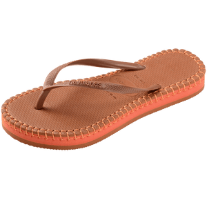 brown flip flops with orange stitching around the sole, and orange midlayer between the sole and bottom of shoe, front left view