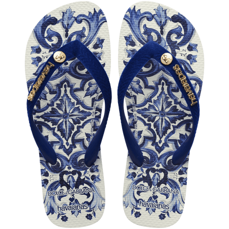 Women's Dolce&Gabbana blue and white paisley pattern flip flops top view alternate