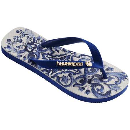 Women's Dolce&Gabbana blue and white paisley pattern flip flops 3/4 side view