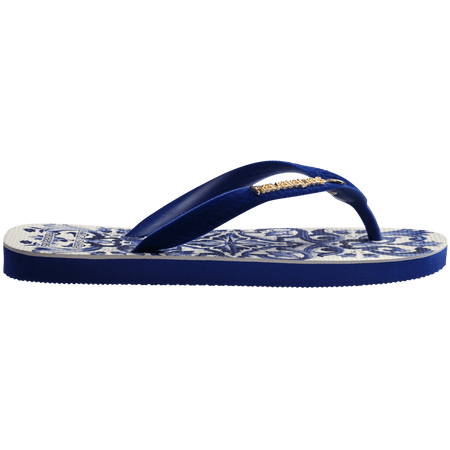 Women's Dolce&Gabbana blue and white paisley pattern flip flops side view