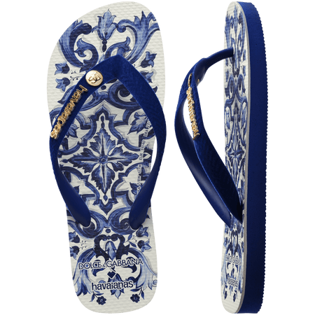 Women's Dolce&Gabbana blue and white paisley pattern flip flops top view