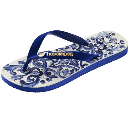 Women's Dolce&Gabbana blue and white paisley pattern flip flops 3/4 side view