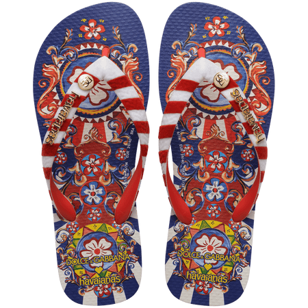 Women's floral and ribbon print Dolce&Gabbana x Havaianas blue and red flip flop top view