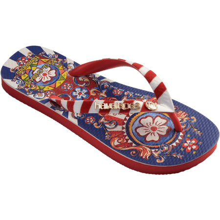 Women's floral and ribbon print Dolce&Gabbana x Havaianas blue and red flip flop right 3/4 view