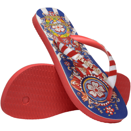 Women's floral and ribbon print Dolce&Gabbana x Havaianas blue and red flip flop sole and top view