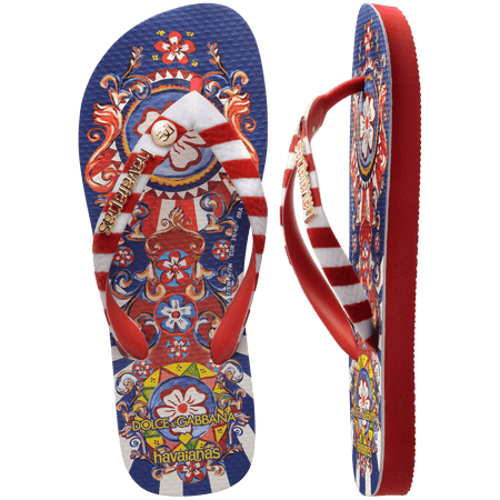 Women's floral and ribbon print Dolce&Gabbana x Havaianas blue and red flip flop top view