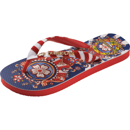 Women's floral and ribbon print Dolce&Gabbana x Havaianas blue and red flip flop left 3/4 view