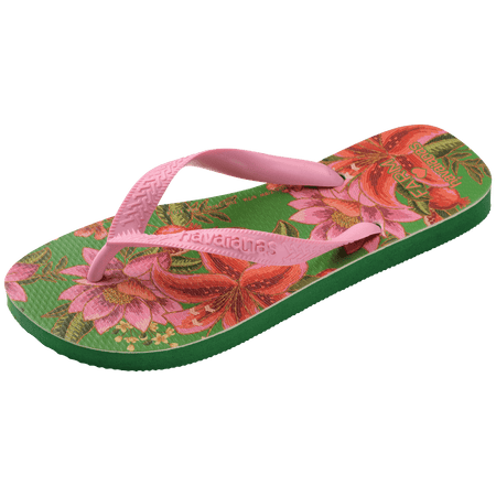 flip flops with green sole featuring pink flowers and pink straps, front-side facing