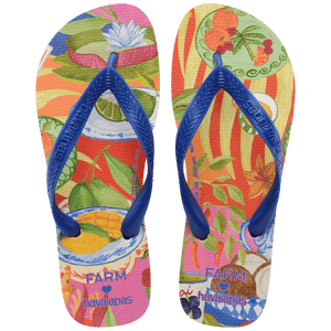 flip flops with fruit on a multicolor background with blue straps, top facing