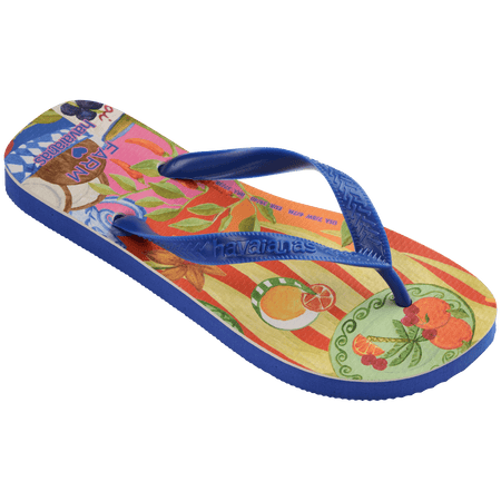 flip flops with fruit on a multicolor background with blue straps, forward-diagonal facing