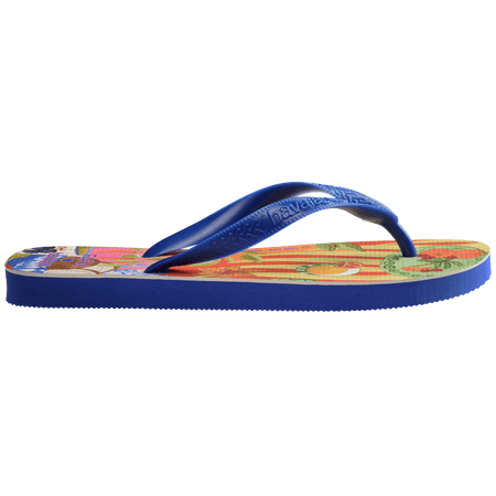 flip flops with fruit on a multicolor background with blue straps, side facing