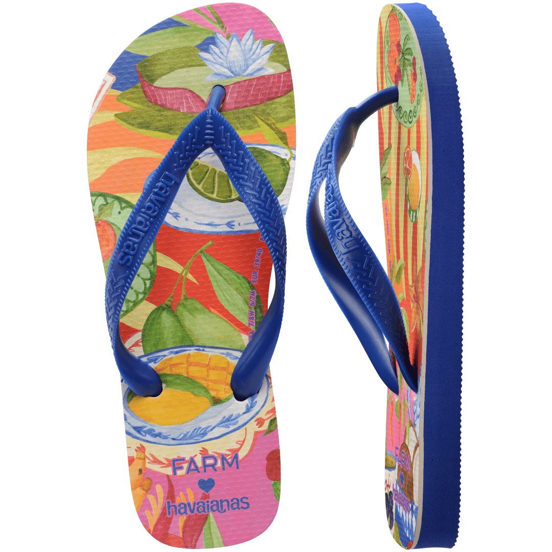 flip flops with fruit on a multicolor background with blue straps, one top facing and one side facing