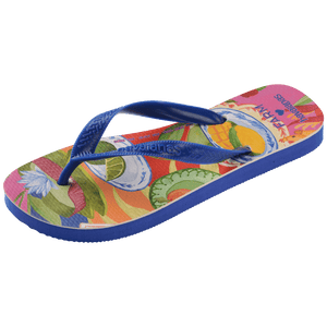 flip flops with fruit on a multicolor background with blue straps, front-diagonal facing