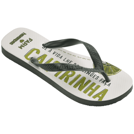 flip flops with a drink with green lime and ice in it on a white background with olive green straps, top-diagonal facing