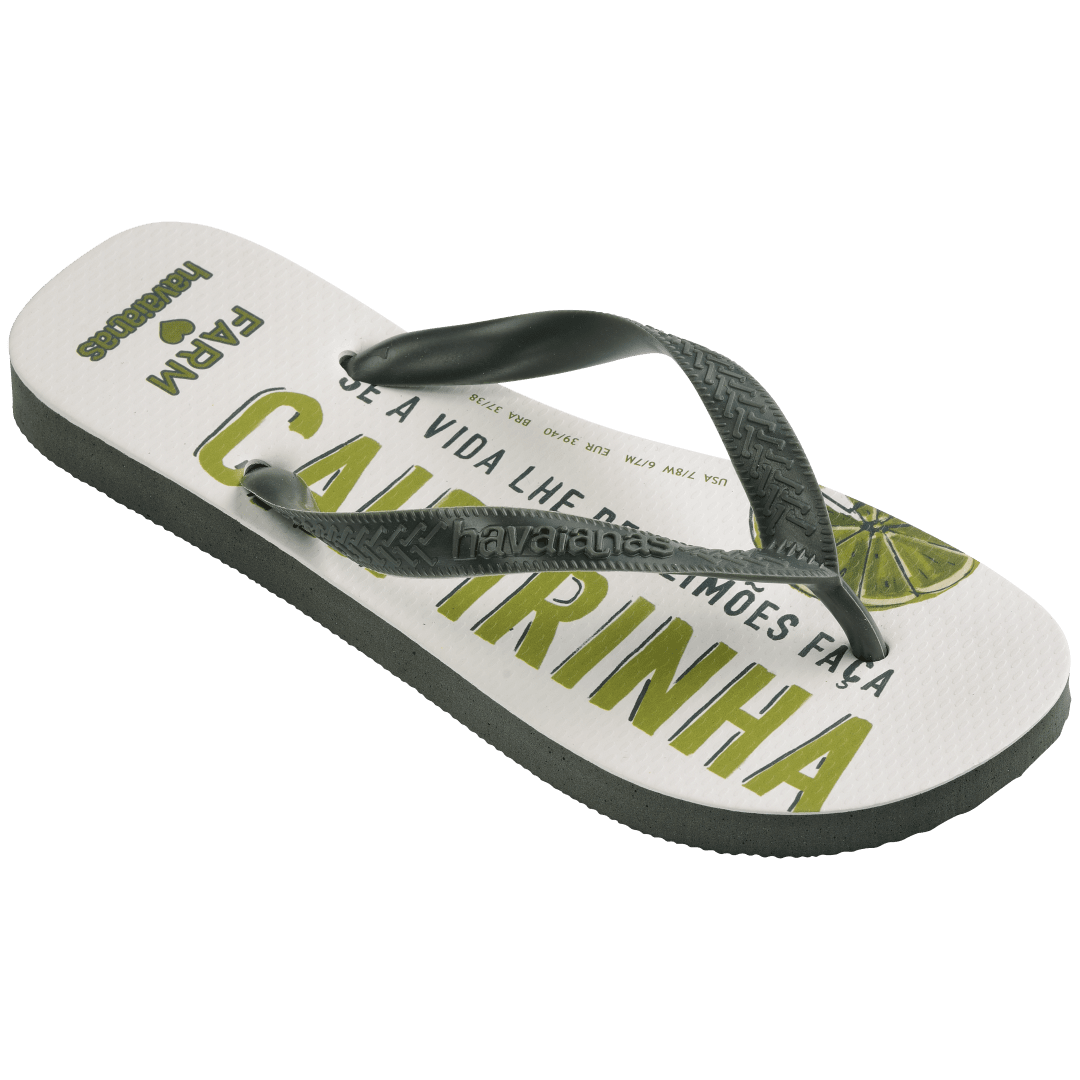 flip flops with a drink with green lime and ice in it on a white background with olive green straps, top-diagonal facing