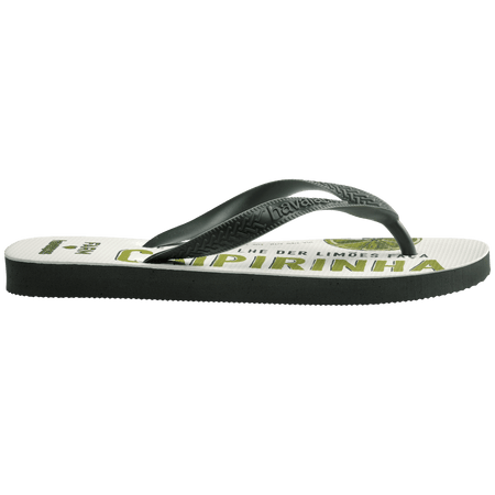 flip flops with a drink with green lime and ice in it on a white background with olive green straps, side facing