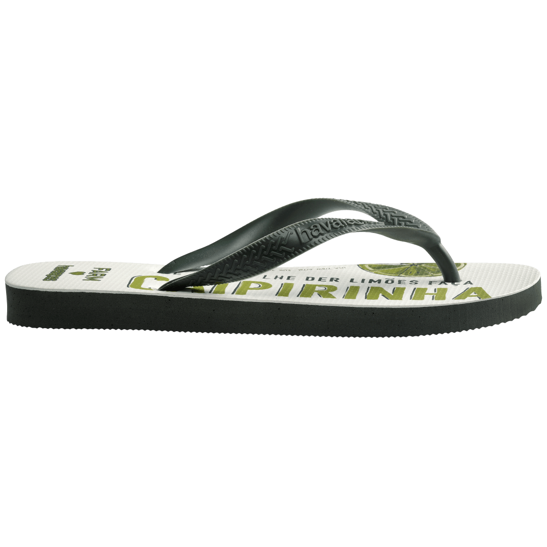 flip flops with a drink with green lime and ice in it on a white background with olive green straps, side facing