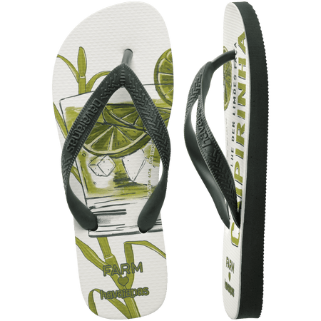 flip flops with a drink with green lime and ice in it on a white background with olive green straps, one flip flop top facing and one side facing