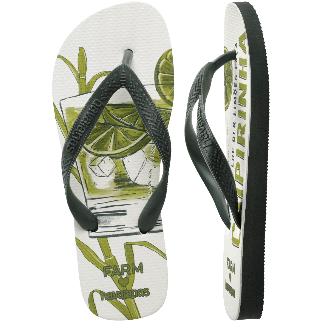 flip flops with a drink with green lime and ice in it on a white background with olive green straps, one flip flop top facing and one side facing