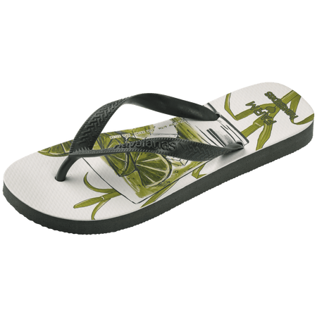 flip flops with a drink with green lime and ice in it on a white background with olive green straps, front-diagonal facing