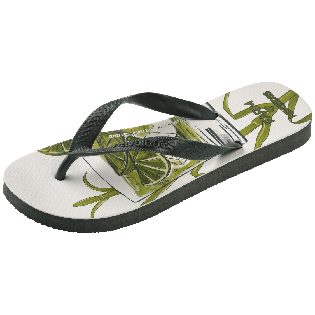 flip flops with a drink with green lime and ice in it on a white background with olive green straps, front-diagonal facing